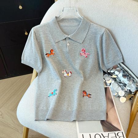 BY10928# 重工小马刺绣翻领短袖针织衫夏季新款潮流时尚百搭显瘦上衣潮 服裝批發女裝批發服飾貨源