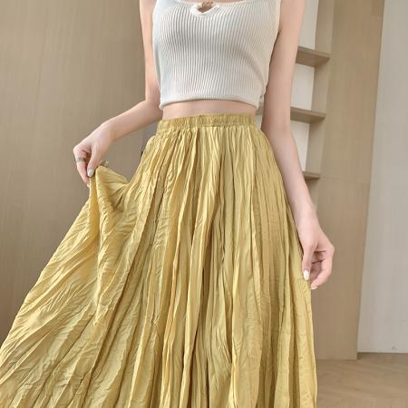 BY10929# 白色皱皱半身裙女新款中长款褶皱奶油裙a子森系百搭长裙 服裝批發女裝批發服飾貨源