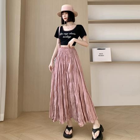 BY10929# 白色皱皱半身裙女新款中长款褶皱奶油裙a子森系百搭长裙 服裝批發女裝批發服飾貨源