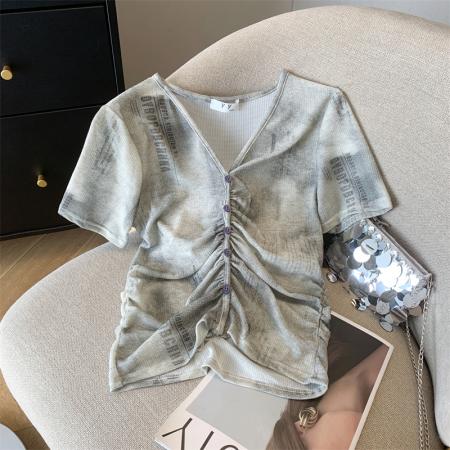BY10930# ◆设计感晕染抽褶V领短款T恤女套头韩版时髦辣妹短袖小衫 服裝批發女裝批發服飾貨源