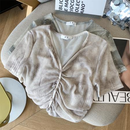BY10930# ◆设计感晕染抽褶V领短款T恤女套头韩版时髦辣妹短袖小衫 服裝批發女裝批發服飾貨源