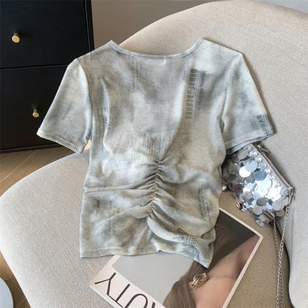 BY10930# ◆设计感晕染抽褶V领短款T恤女套头韩版时髦辣妹短袖小衫 服裝批發女裝批發服飾貨源