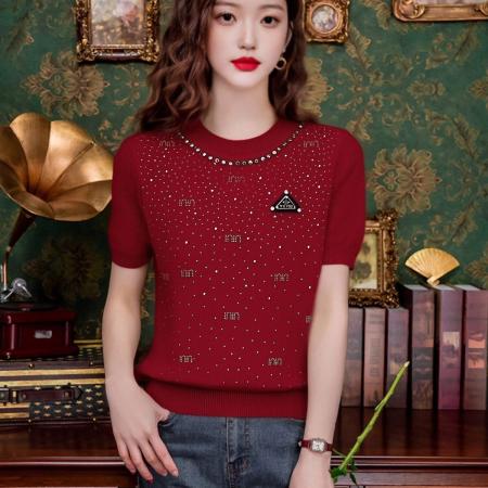 BY10931# 镶钻短袖针织衫女百搭春夏新款内搭显瘦短款上衣时尚带钻 服裝批發女裝批發服飾貨源