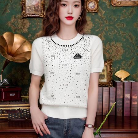 BY10931# 镶钻短袖针织衫女百搭春夏新款内搭显瘦短款上衣时尚带钻 服裝批發女裝批發服飾貨源