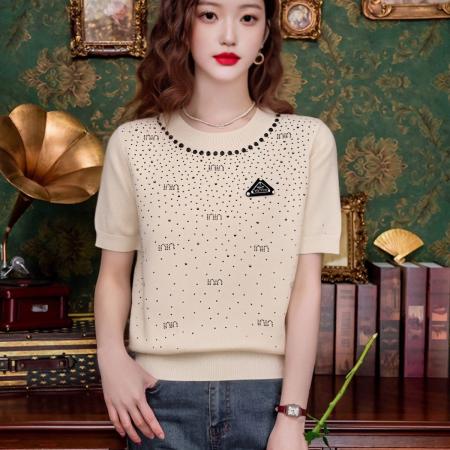 BY10931# 镶钻短袖针织衫女百搭春夏新款内搭显瘦短款上衣时尚带钻 服裝批發女裝批發服飾貨源