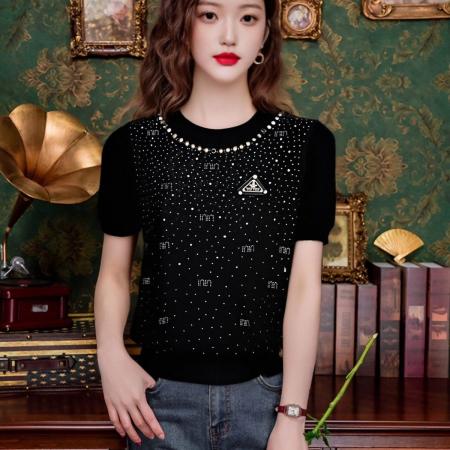 BY10931# 镶钻短袖针织衫女百搭春夏新款内搭显瘦短款上衣时尚带钻 服裝批發女裝批發服飾貨源