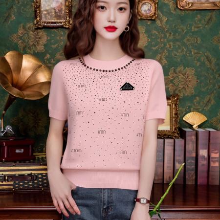 BY10931# 镶钻短袖针织衫女百搭春夏新款内搭显瘦短款上衣时尚带钻 服裝批發女裝批發服飾貨源