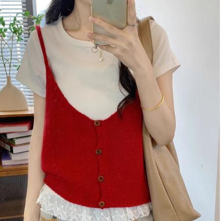 BY10932# 夏季韩系纽扣吊带背心新款短款别致叠搭外穿马甲上衣小个子 服裝批發女裝批發服飾貨源