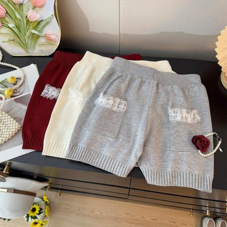 BY10933# 韩系辣妹纯欲风蕾丝拼接针织短裤女夏高腰A字宽松阔腿休闲裤 服裝批發女裝批發服飾貨源