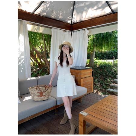 BY10934# 纯欲简约V领针织连衣裙女夏季新款修身收腰A字裙短裙 服裝批發女裝批發服飾貨源