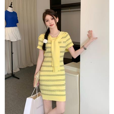 BY10935# 纯欲性感针织短袖连衣裙夏修身显瘦条纹包臀短裙披肩套装 服裝批發女裝批發服飾貨源