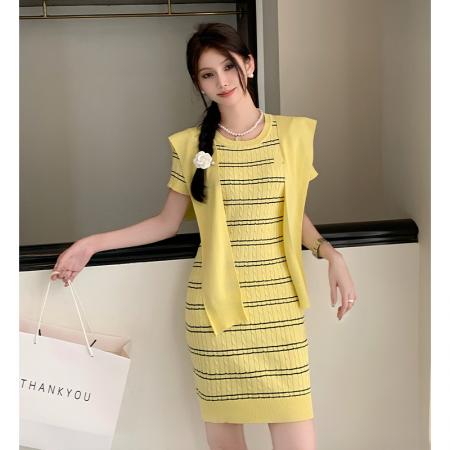 BY10935# 纯欲性感针织短袖连衣裙夏修身显瘦条纹包臀短裙披肩套装 服裝批發女裝批發服飾貨源