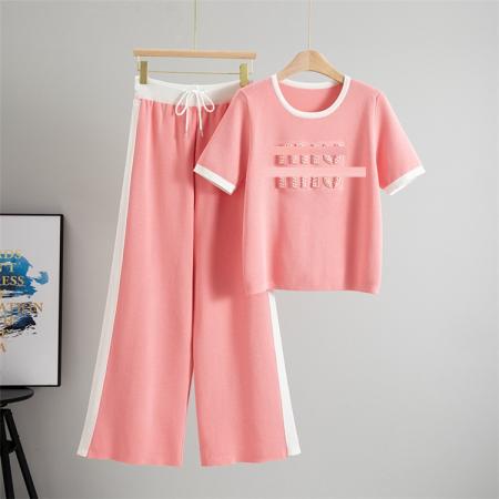 BY10938# 跨境名媛气质夏季新款女套装短袖时尚钉珠针织衫上衣+高腰休闲长 服裝批發女裝批發服飾貨源