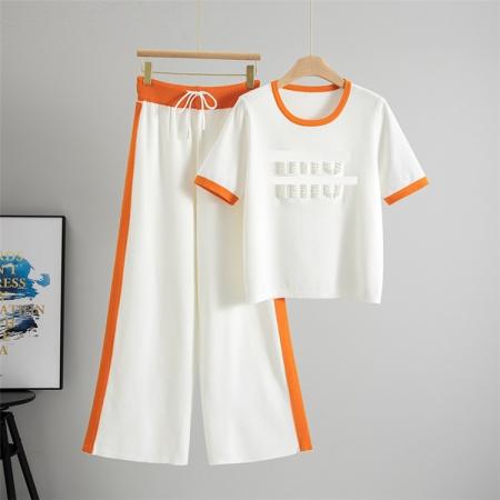 BY10938# 跨境名媛气质夏季新款女套装短袖时尚钉珠针织衫上衣+高腰休闲长 服裝批發女裝批發服飾貨源