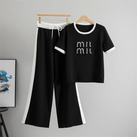 BY10938# 跨境名媛气质夏季新款女套装短袖时尚钉珠针织衫上衣+高腰休闲长 服裝批發女裝批發服飾貨源