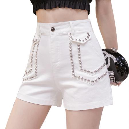 网红春夏款韩版牛仔短裤女高腰阔腿弹力休闲短裤时尚铆钉热裤  服裝批發女裝批發服飾貨源