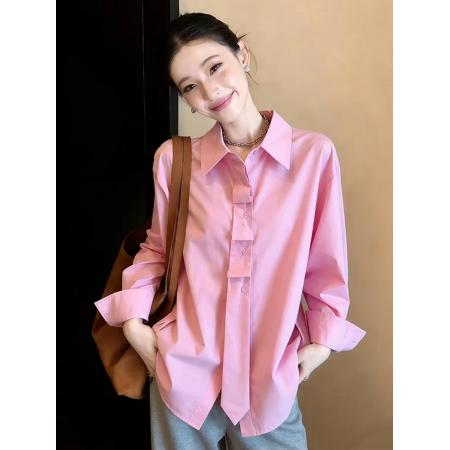 时尚新款粉色领带长袖衬衫女春季新款宽松慵懒风洋气减龄上衣  服裝批發女裝批發服飾貨源