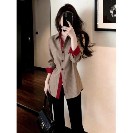 复古干练卡其色衬衫通勤格纹长袖休闲开衫翻领职场上衣春季女  服裝批發女裝批發服飾貨源