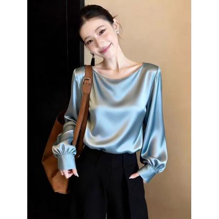 今年流行漂亮高级感超好看上衣别致独特减龄蓝色高端缎面衬衫女春  服裝批發女裝批發服飾貨源
