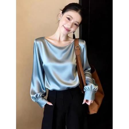 今年流行漂亮高级感超好看上衣别致独特减龄蓝色高端缎面衬衫女春  服裝批發女裝批發服飾貨源