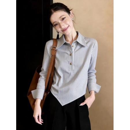 BY10948# 法式复古辣妹不规则条纹polo领衬衫女设计感修身绝美长袖上衣春季  服裝批發女裝批發服飾貨源