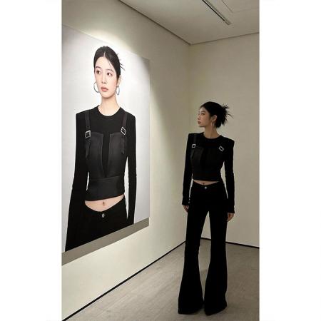 辣妹风黑色短款假两件皮衣T恤女早春小众别致修身上衣  服裝批發女裝批發服飾貨源