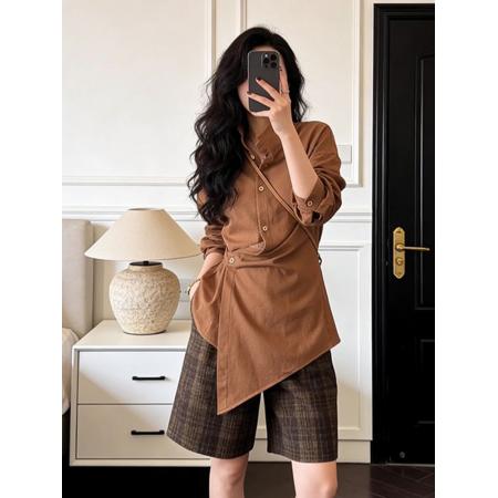 设计感立领不规则单排扣衬衫女春季新款收腰百搭上衣  服裝批發女裝批發服飾貨源