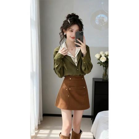 法式轻熟风绿色假两件长袖衬衫上衣高腰显瘦半身裙套装  服裝批發女裝批發服飾貨源