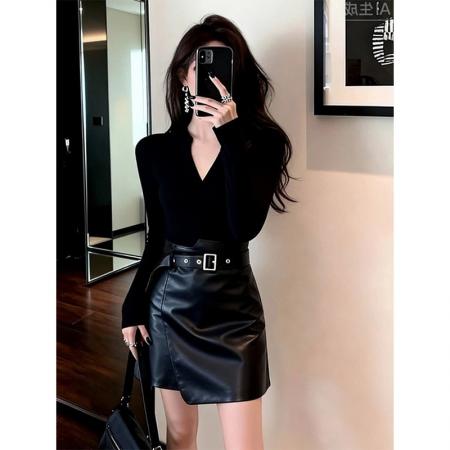 BY10953# 性感辣妹V领修身显瘦针织衫上衣高腰A字半身裙套装女  服裝批發女裝批發服飾貨源