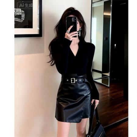 BY10953# 性感辣妹V领修身显瘦针织衫上衣高腰A字半身裙套装女  服裝批發女裝批發服飾貨源