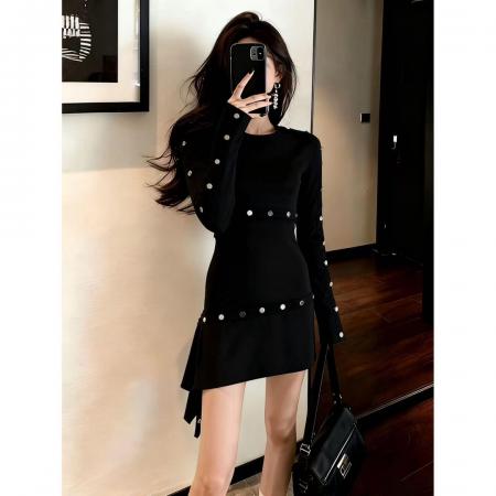 韩系辣妹风黑色长袖连衣裙小个子气质收腰显瘦包臀裙子  服裝批發女裝批發服飾貨源