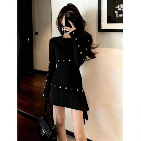 韩系辣妹风黑色长袖连衣裙小个子气质收腰显瘦包臀裙子  服裝批發女裝批發服飾貨源