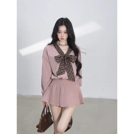 法式条纹长袖衬衫连衣裙春季新款收腰显瘦通勤短裙  服裝批發女裝批發服飾貨源