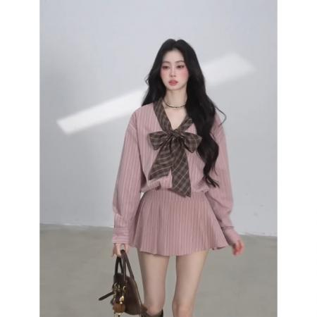 法式条纹长袖衬衫连衣裙春季新款收腰显瘦通勤短裙  服裝批發女裝批發服飾貨源