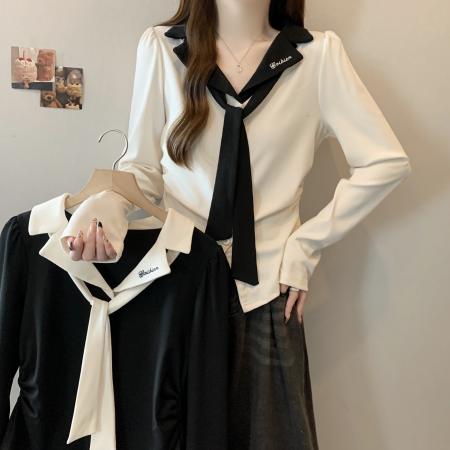 大码胖mm学院风撞色polo领长袖T恤女新款秋纯欲修身显瘦领带上衣  服裝批發女裝批發服飾貨源