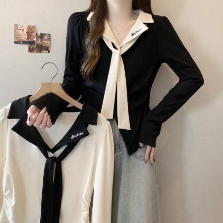 大码胖mm学院风撞色polo领长袖T恤女新款秋纯欲修身显瘦领带上衣  服裝批發女裝批發服飾貨源