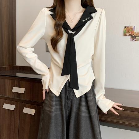 大码胖mm学院风撞色polo领长袖T恤女新款秋纯欲修身显瘦领带上衣  服裝批發女裝批發服飾貨源