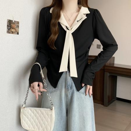 大码胖mm学院风撞色polo领长袖T恤女新款秋纯欲修身显瘦领带上衣  服裝批發女裝批發服飾貨源