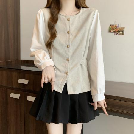 BY10959# 大码女装胖MM春季新款圆领设计感收腰衬衫休闲百搭显瘦上衣女  服裝批發女裝批發服飾貨源