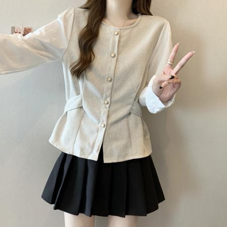 BY10959# 大码女装胖MM春季新款圆领设计感收腰衬衫休闲百搭显瘦上衣女  服裝批發女裝批發服飾貨源