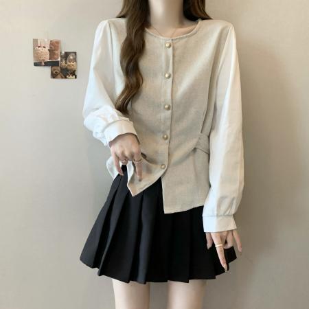 BY10959# 大码女装胖MM春季新款圆领设计感收腰衬衫休闲百搭显瘦上衣女  服裝批發女裝批發服飾貨源