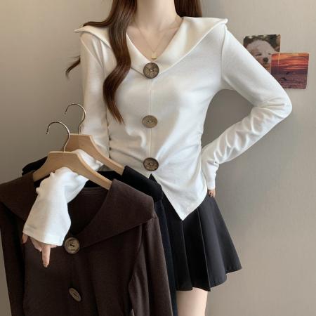 BY10960# 大码秋冬新款胖MM造型扣V领收腰显瘦不规则设计感针织上衣女  服裝批發女裝批發服飾貨源