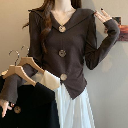 BY10960# 大码秋冬新款胖MM造型扣V领收腰显瘦不规则设计感针织上衣女  服裝批發女裝批發服飾貨源