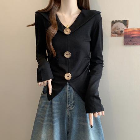 BY10960# 大码秋冬新款胖MM造型扣V领收腰显瘦不规则设计感针织上衣女  服裝批發女裝批發服飾貨源