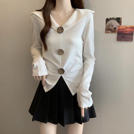 BY10960# 大码秋冬新款胖MM造型扣V领收腰显瘦不规则设计感针织上衣女  服裝批發女裝批發服飾貨源