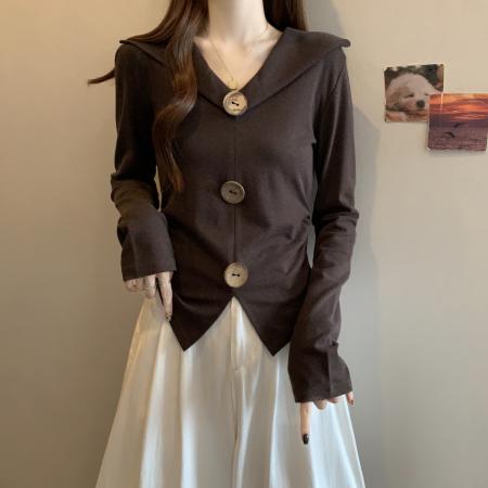 BY10960# 大码秋冬新款胖MM造型扣V领收腰显瘦不规则设计感针织上衣女  服裝批發女裝批發服飾貨源