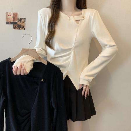 大码秋冬韩版胖MM设计感金属扣镂空褶皱下摆开叉遮肚显瘦长袖T恤  服裝批發女裝批發服飾貨源