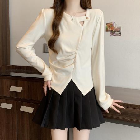 大码秋冬韩版胖MM设计感金属扣镂空褶皱下摆开叉遮肚显瘦长袖T恤  服裝批發女裝批發服飾貨源