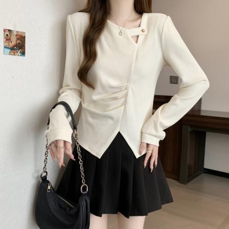 大码秋冬韩版胖MM设计感金属扣镂空褶皱下摆开叉遮肚显瘦长袖T恤  服裝批發女裝批發服飾貨源