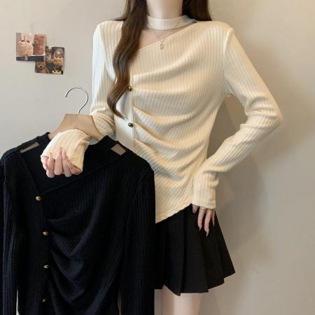 大码胖MM甜辣挂脖拼接纱网纱设计感独特的特别致不规则内搭上衣  服裝批發女裝批發服飾貨源